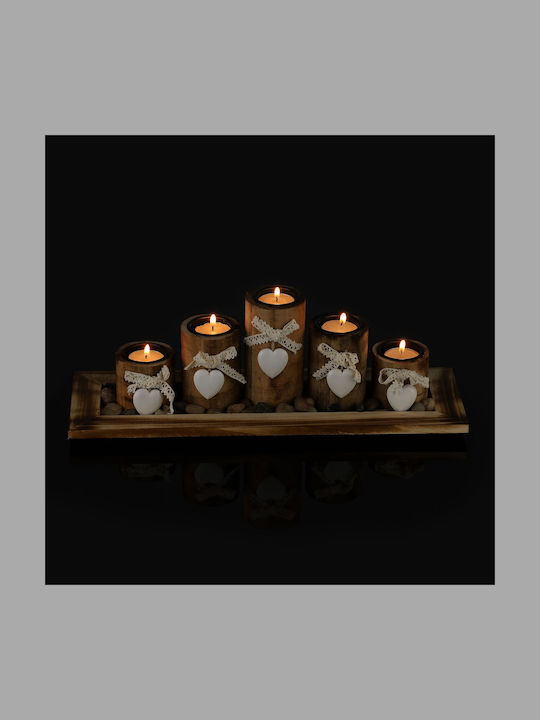 Set 5 suporturi pentru lumânări aspect lemn maro alb dimensiuni 13,5 x 39,5 x 13 cm Relaxdays