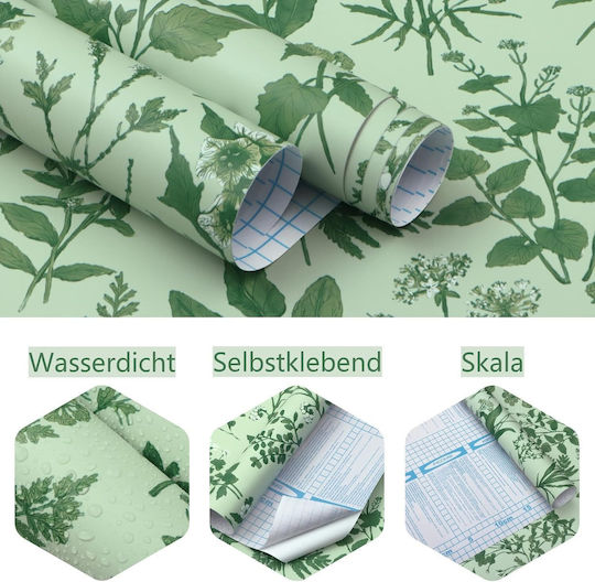 Self-adhesive Waterproof Wallpaper Green Flowers Leaves Pattern 44x300cm