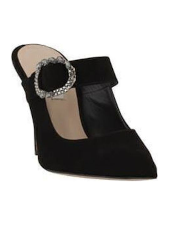 Leather Mules with High Heel in Black Color