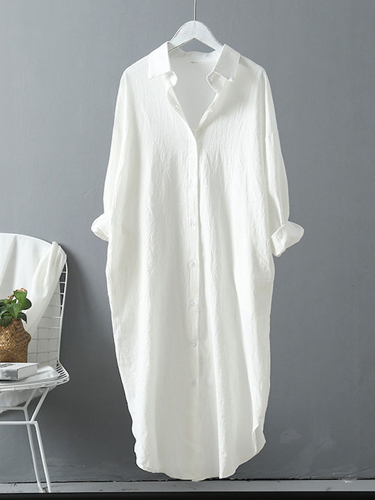 Oversized Linen Midi Shirt Dress White White