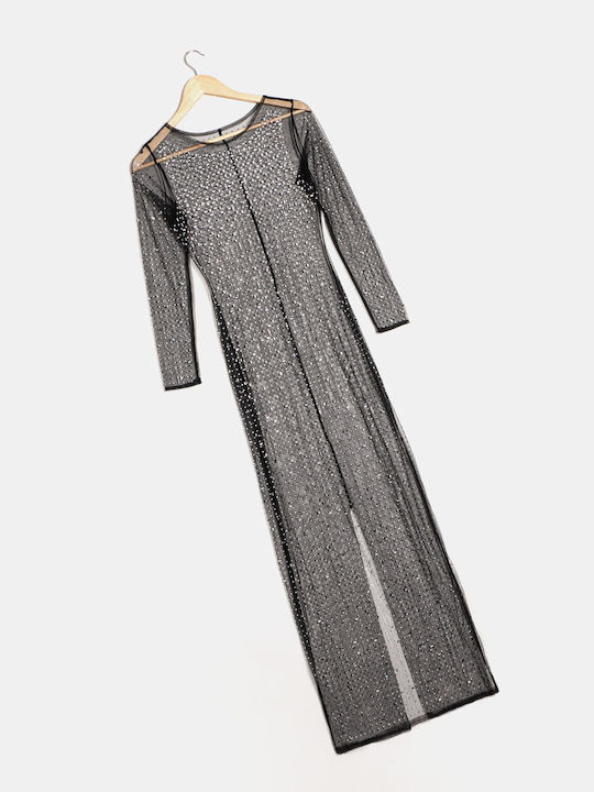 Φόρεμα Maxi See Through Strass Μαύρο Μαύρο