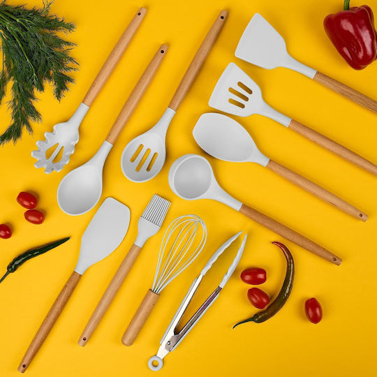 Cooking Utensil Set Made of Silicone With Stand 19 Pieces White Fiona