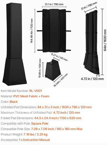 Vevor Basketball Padding 163cm Durable 18x18in Square Pole Txkqgytxkqgyfpf93v0