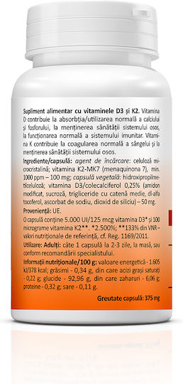 Zenyth Vitamina D3 & K2 pentru Întărirea Sistemului Imunitar & Sănătatea Oaselor 5000iu Natural 100gr 30 capace