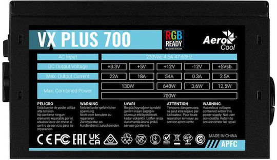 Aerocool VX Plus RGB 700W Μαύρο Τροφοδοτικό Υπολογιστή Full Wired 80 Plus Standard