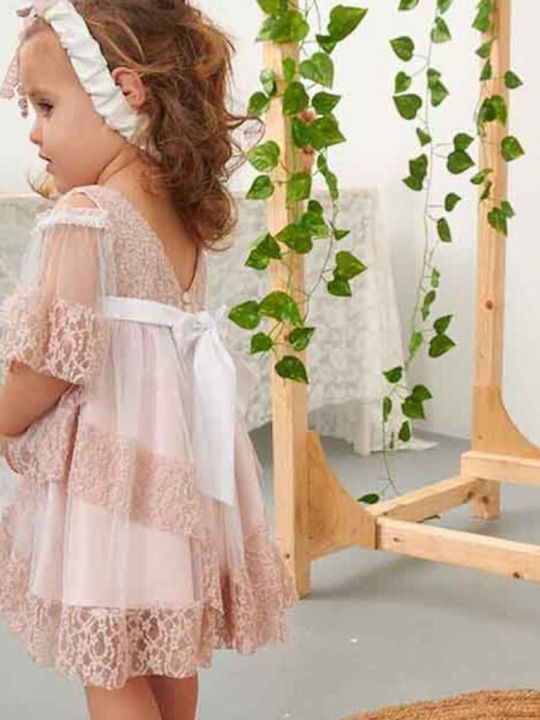 Bonito Baby Розов Комплект Кръщелни Дрехи с Аксесоари за коса & Рокля от Тюл 2бр