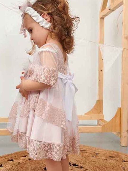 Bonito Baby Розов Комплект Кръщелни Дрехи с Аксесоари за коса & Рокля от Тюл 2бр