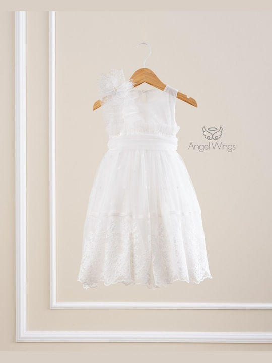 Angel Wings Alba Λευκό Βαπτιστικό Σετ Ρούχων με Φόρεμα από Τούλι 2τμχ
