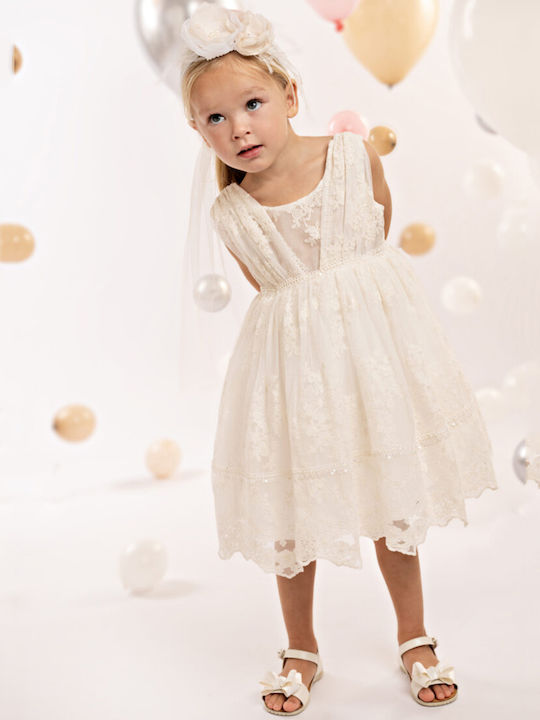 Baby Bloom Εκρού Φόρεμα Βάπτισης από Δαντέλα