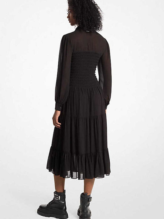 Midi Shirt Dress with Ruffles Black