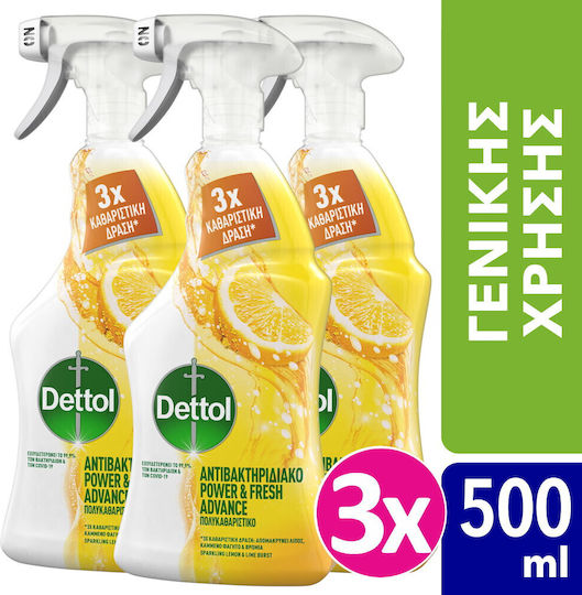 Dettol Power & Fresh Advance Καθαριστικό Spray Γενικής Χρήσης Λεμόνι & Λάιμ 3x500ml