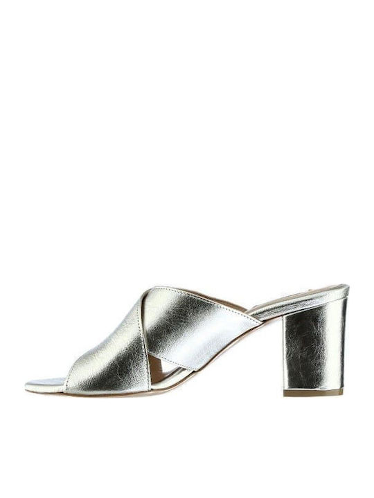 Leder Mules mit Absatz in Silber Farbe