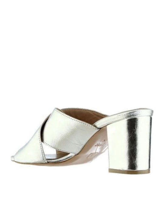 Leder Mules mit Absatz in Silber Farbe