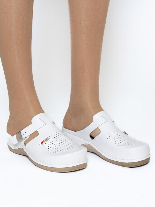 Leon Damen Leder Anatomisch Clogs Weiß