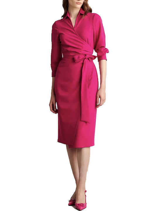 Midi Shirt Dress Dress 3/4 Sleeve Wrap Fuchsia