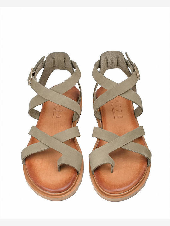 Leather Women's Flat Sandals in Green Color