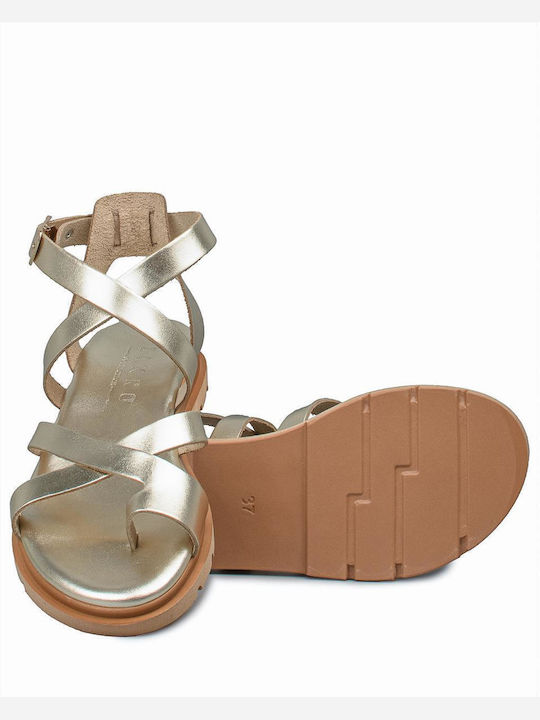 Leather Women's Flat Sandals in Gold Color