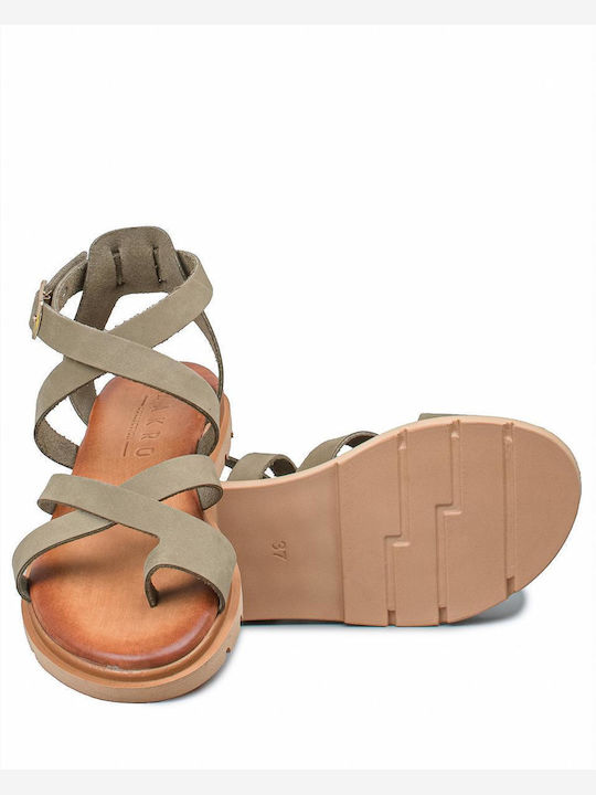Leather Women's Flat Sandals in Green Color