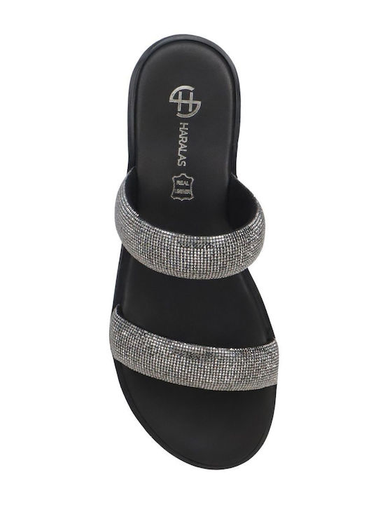 Leather Women's Flat Sandals in Black Color