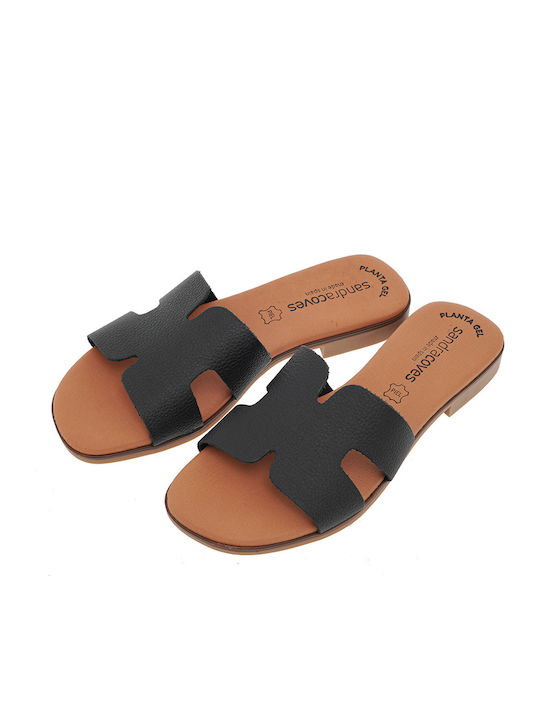 Leather Women's Flat Sandals in Black Color