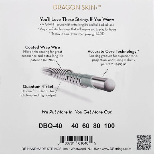 Corzi pentru chitară bas electrică Dr Strings Dragon Skin+ Dbq 40 Coated Quantum Nickel 040-.100 Light Long Scale