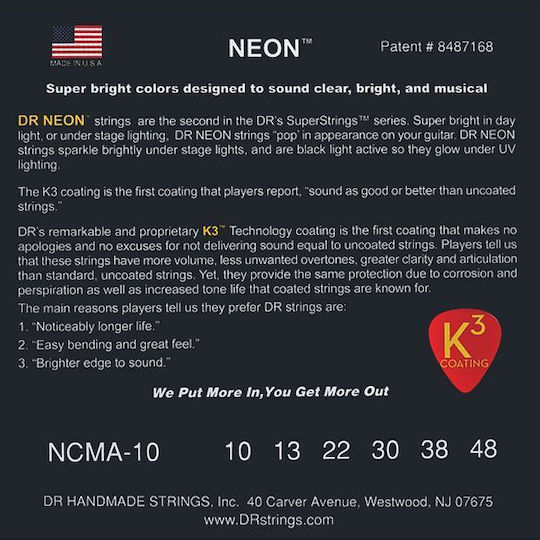 Струни за акустична китара Dr Strings Neon Multicolor Nmca-10 с покритие от фосфорен бронз 010 048 изключително леки