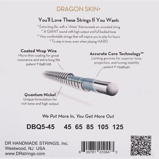 Dr Strings Dragon Skin+ Dbq5-45 Coated Quantum Nickel Strings for 5-String Electric Bass 045-.125 Medium Long Scale