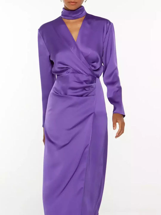 Midi Evening Dress Satin Wrap Purple
