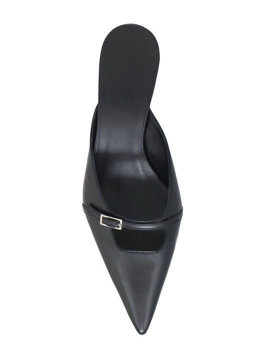 Leather Mules with Low Heel in Black Color