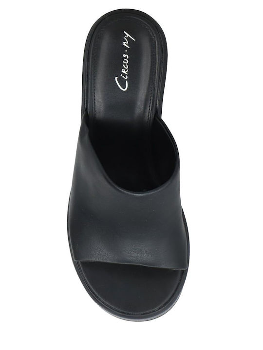 Leather Mules with Chunky Heel in Black Color