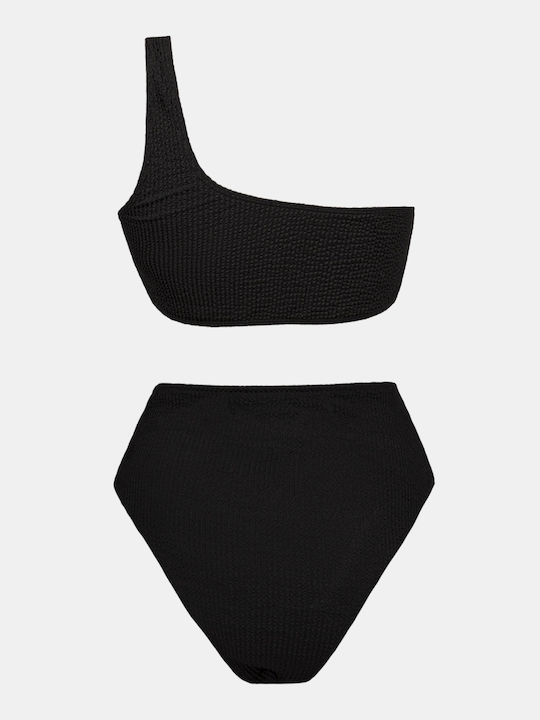 Bikini Set One Shoulder Top & Slip Bottom Black