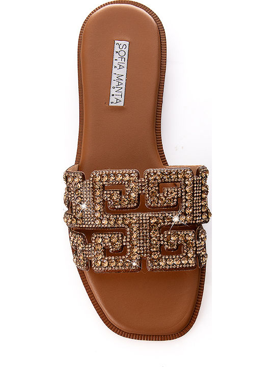 Leather Women's Flat Sandals in Gold Color