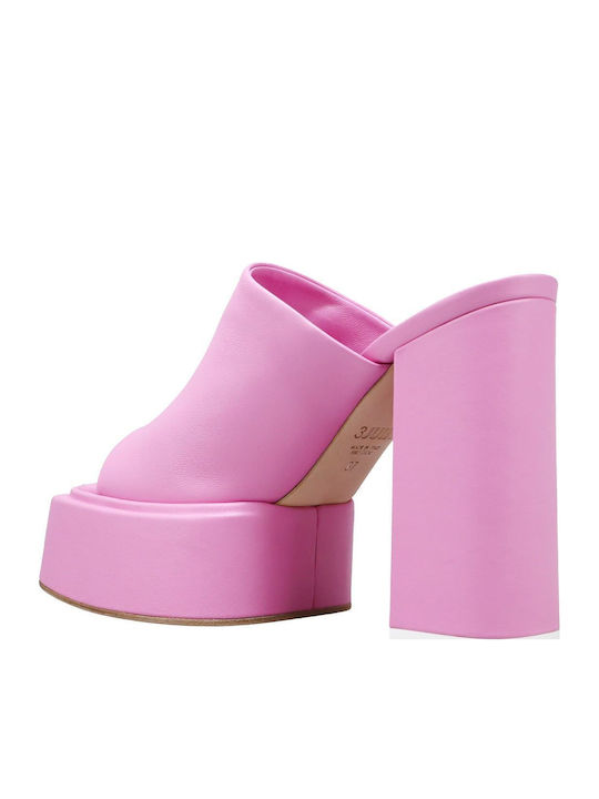 Leather Mules with Chunky High Heel in Pink Color