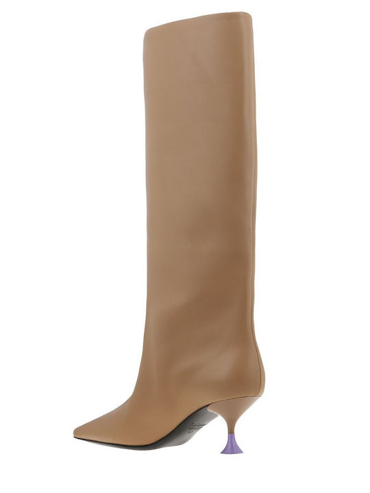 Leather Medium Heel Women's Boots Beige