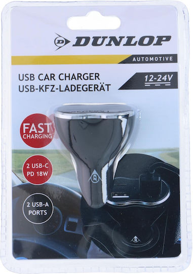 Dunlop Auto-Ladegerät 18W Schnellladung mit Anschlüssen: 2xUSB 2xType-C