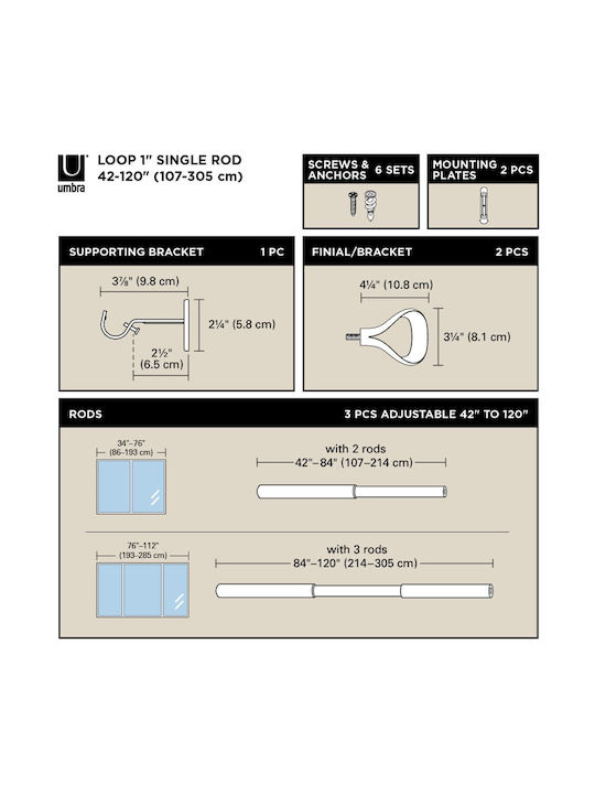 Umbra Extendable Metallic Curtain Pole Loop Single Φ25mm 305-305cm Metallic