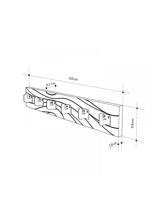 Megapap Wall Hanger Flow Wooden 6 Hooks White 63x9.8x1.8cm