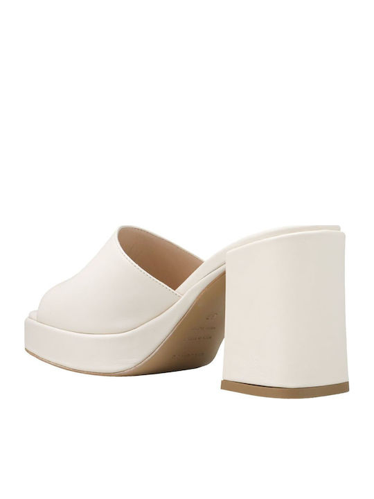 Leather Mules with Chunky High Heel in White Color