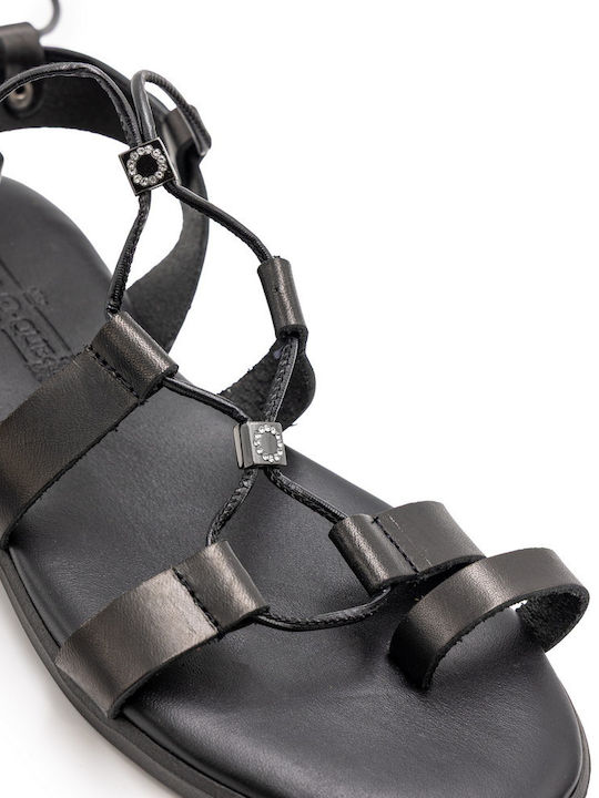 Leather Women's Flat Sandals in Black Color