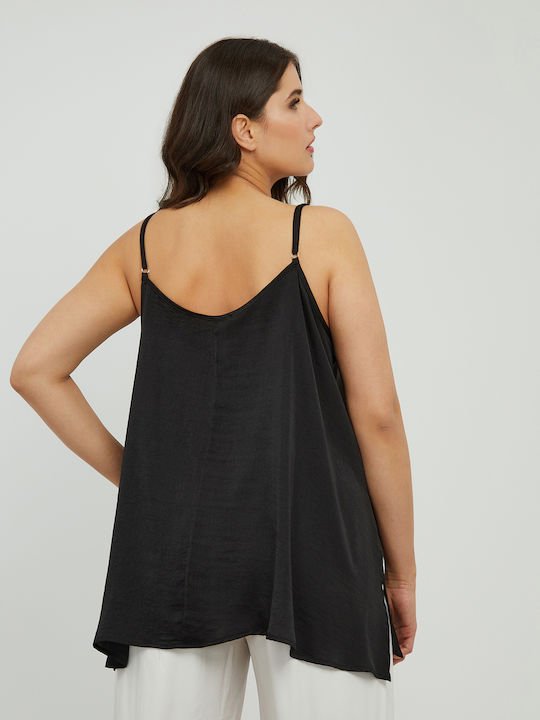 Bluza Damă Satin Fără Mâneci cu Decolteu în V Neagră