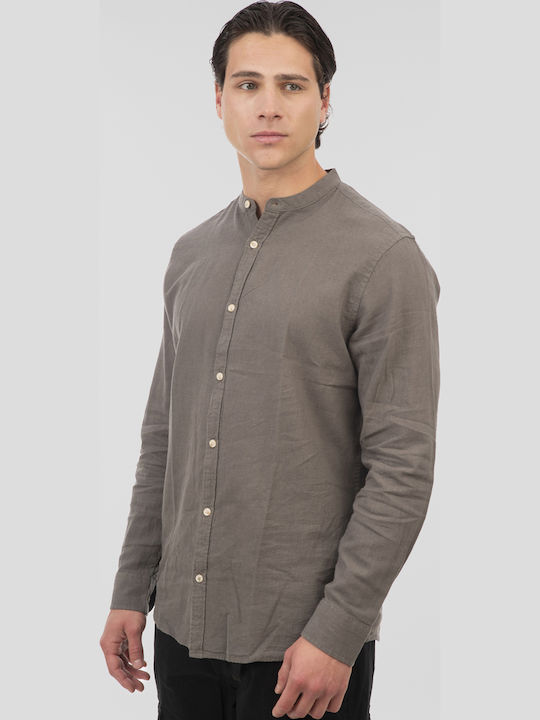 Long Sleeve Linen Shirt In Regular Fit Olive