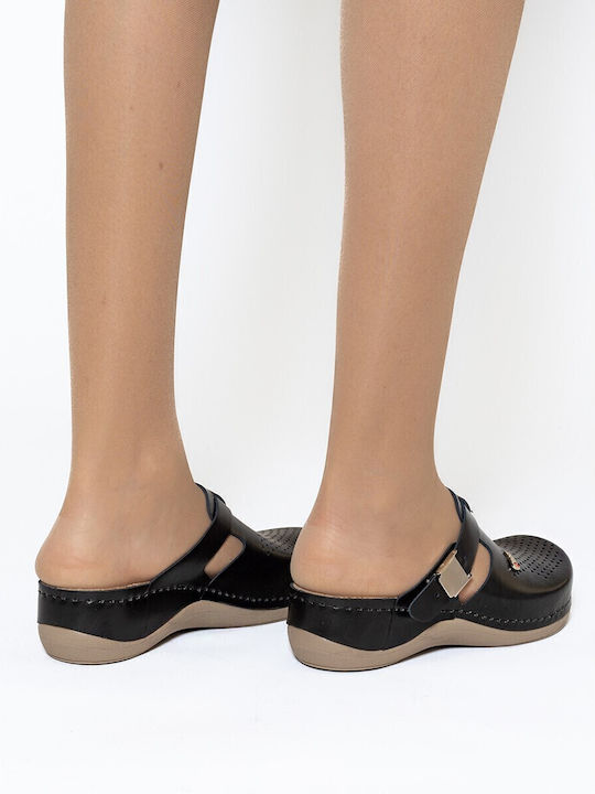 Leon Damen Leder Anatomisch Clogs Schwarz