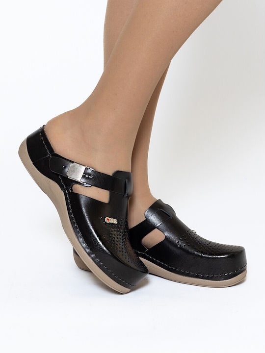 Leon Damen Leder Anatomisch Clogs Schwarz