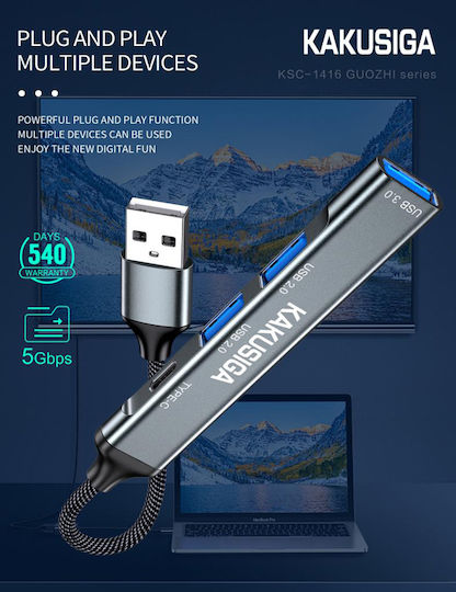 Kakusiga USB-Hub 4 Anschlüsse USB 3.0 mit USB-C Verbindung Grau