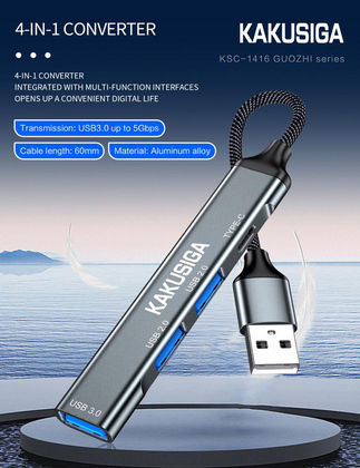 Kakusiga USB-Hub 4 Anschlüsse USB 3.0 mit USB-C Verbindung Grau