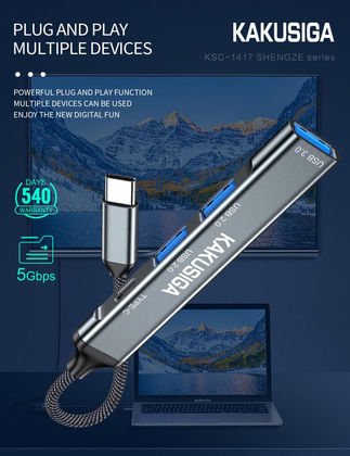 Kakusiga Hub 4 Ports USB 3.0 with USB-C Connection Gray