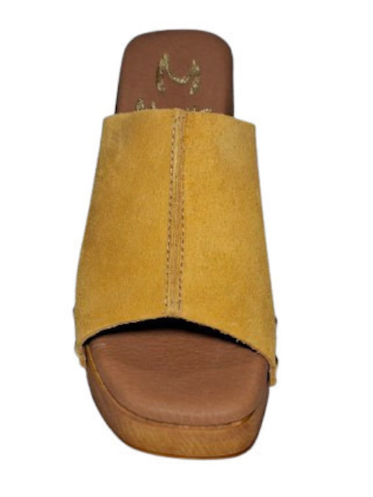 Leather Mules with Low Heel in Yellow Color