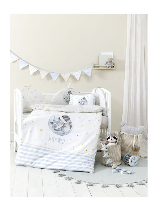 Nima Sleepy Racoon Βρεφικό Κουβερλί Διπλής Όψης Βαμβακερό Λευκό, Γαλάζιο 100x140cm