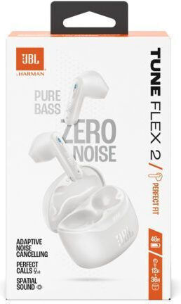 JBL Tune Flex 2 Earbud Bluetooth Handsfree Earphones with Sweat Resistance and Charging Case Ghost Edition White
