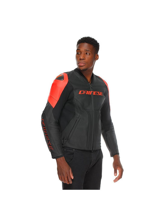 Dainese Racing 5 Perforated Sommer Herren Motorradjacke Leder Black / Black / Red-Fluo